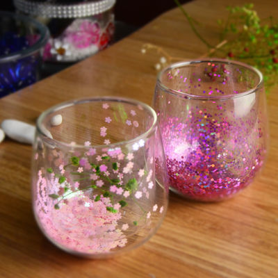 kualitas Customized Double Wall Glass Coffee Cup Decorative Glitter Tumbler Drinking Glasses pabrik