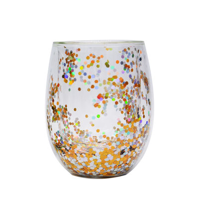 kualitas 13oz Customized Borosilicate Double Wall Tumbler Drinking Glasses With Colorful Glitter Inside pabrik