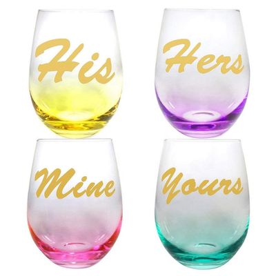 kualitas Egg Shape  Stemless Clear Wine Glass ，Clear Stemless Wine Glasses With Golden Fonts pabrik