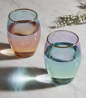 kualitas Egg Shape  Stemless Clear Wine Glass ，Clear Stemless Wine Glasses With Golden Fonts pabrik