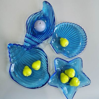 kualitas Ocean Series Sea Shell Blue Glass Charger Plate For Dessert pabrik