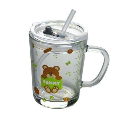 kualitas Cartoon Crystal Drinking Glass With Lid And Silicate Straw pabrik