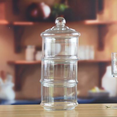 kualitas Stackable 3 Layers Tower Shaped Glass Storage Jars pabrik