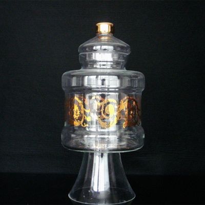 kualitas Large Footed Glass Storage Jars With Gold Decoration Decal pabrik