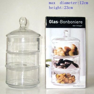 kualitas Handblown 3 Layer Stackable Storage Jars With Lids pabrik