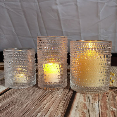 kualitas Customized Embossed Beads Strings Glass Votive Candle Holders ,  Glass Cylinder Candle Holders pabrik