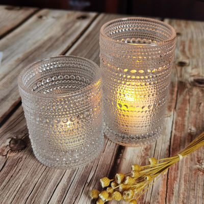 kualitas Customized Embossed Beads Strings Glass Votive Candle Holders ,  Glass Cylinder Candle Holders pabrik